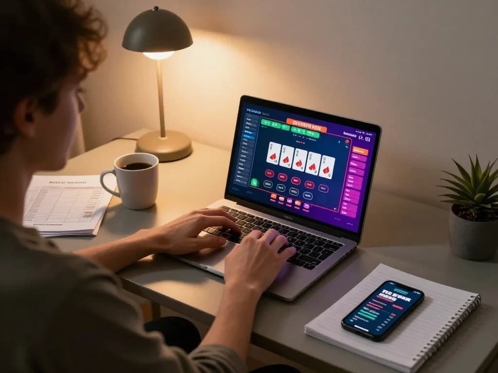 Play poker online at VICWIN with an engaging home gaming setup, showcasing a focused player.