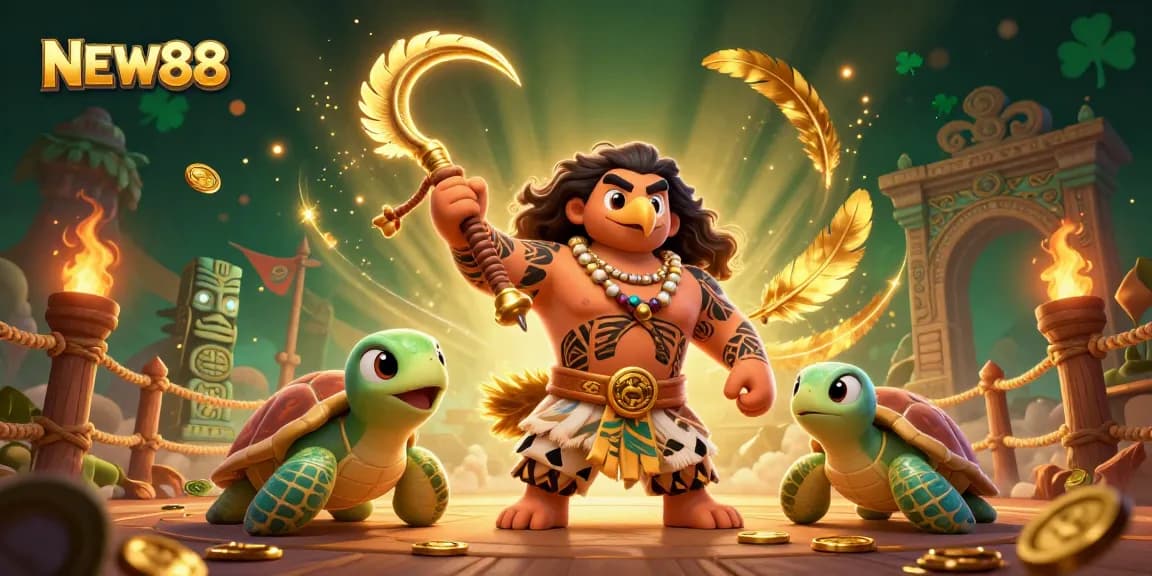 Engage in thrilling adventures with NEW88's vibrant Polynesian demigod and turtle in a dynamic casino scene.