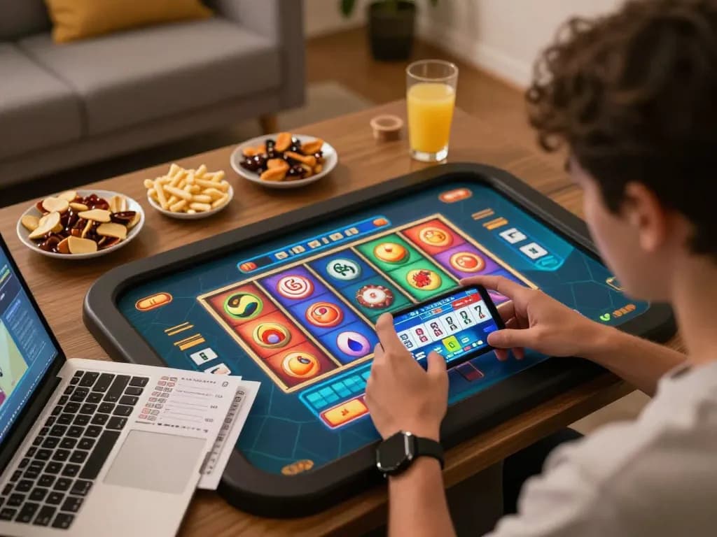 Engaging mobile gameplay of slot mahjong with vibrant graphics on screen and cozy setting.