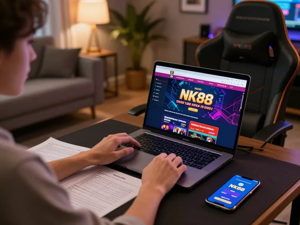 NK88 online gaming experience with strategic note-taking for effective casino gameplay in a cozy home setup.