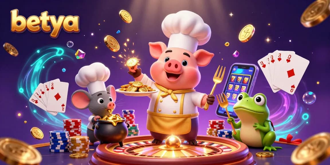 Engage with the vibrant Betya casino scene featuring a pig chef and sparkling gold coins.
