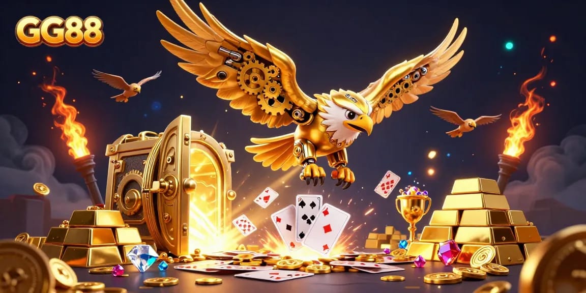 Experience thrilling gameplay at GG88 with vibrant holographic cards and a golden eagle.