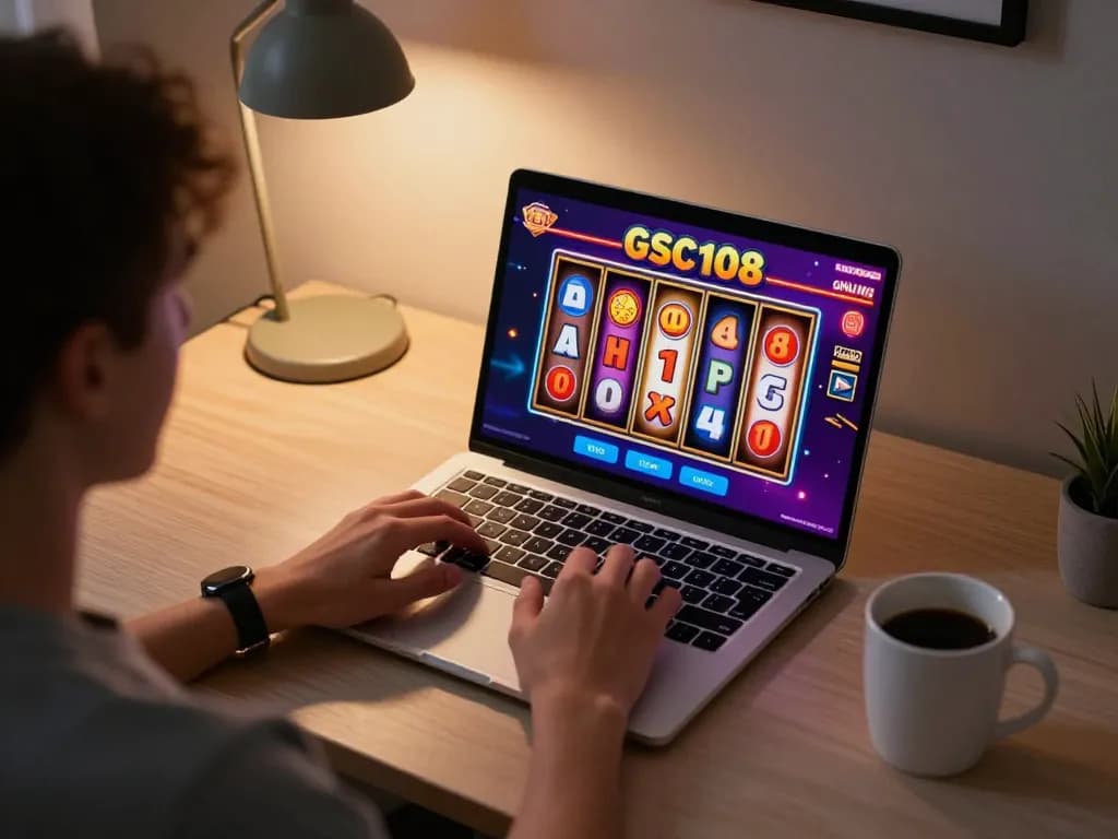 Skema menarik dari permainan slot online GSC108 yang dimainkan di laptop di rumah, menampilkan permainan yang bertanggung jawab.