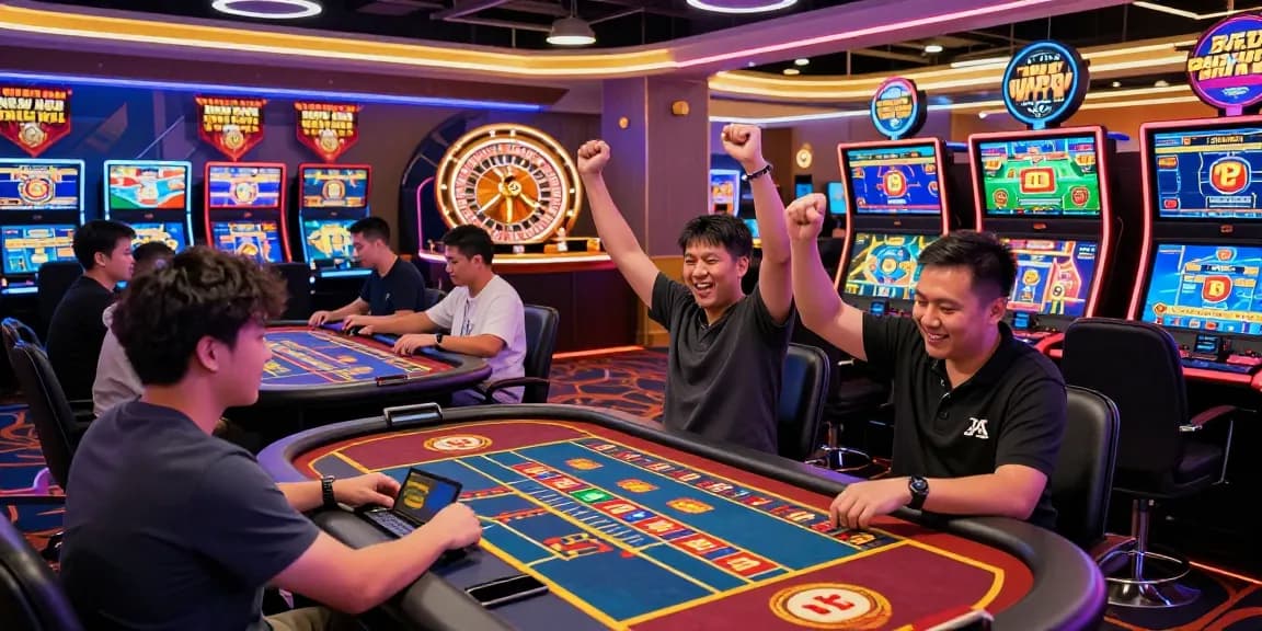 Players enjoying game bài đổi thưởng in a lively virtual casino with neon lights.