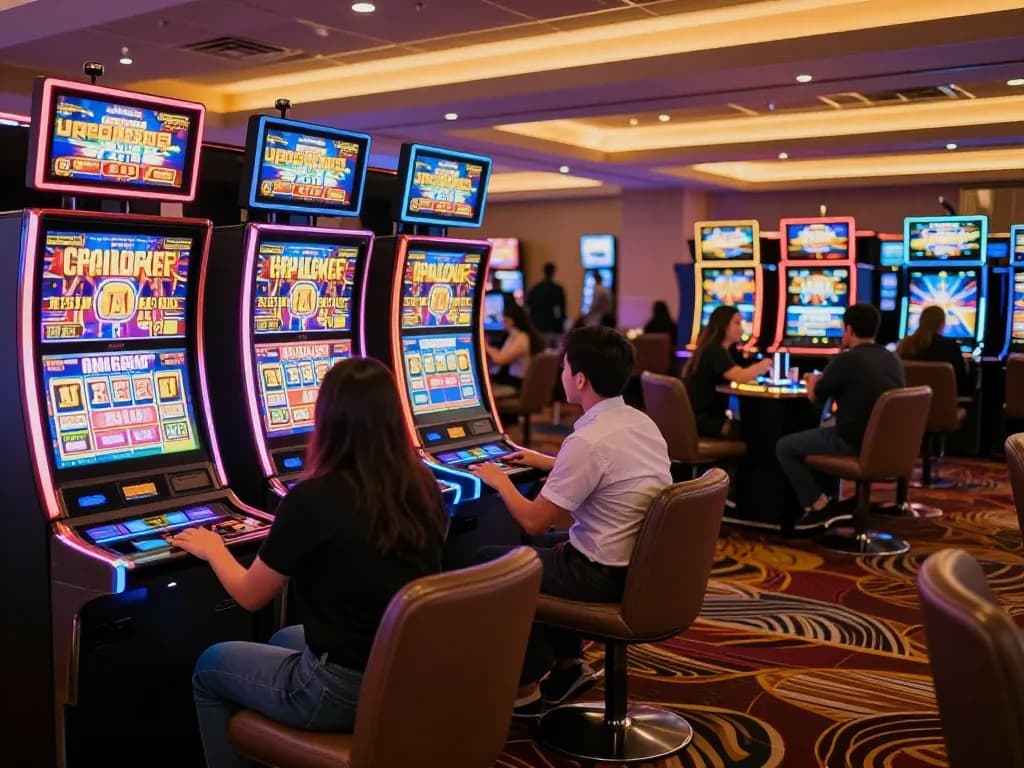Exciting scene of players enjoying slot 5k machines, celebrating wins in a lively casino atmosphere.