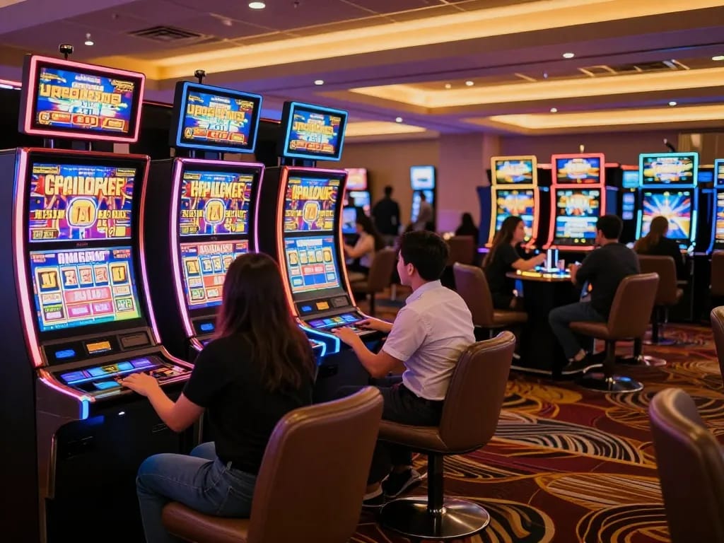 Exciting scene of players enjoying slot 5k machines, celebrating wins in a lively casino atmosphere.