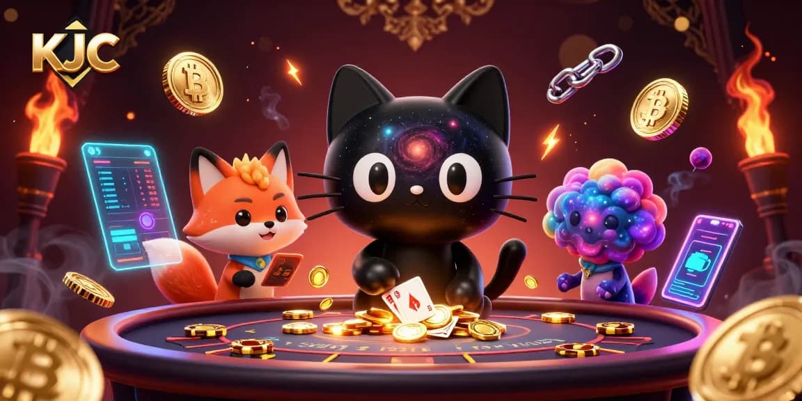 Join KJC at the cosmic casino table, where golden chips and cards float amidst colorful galactic companions.