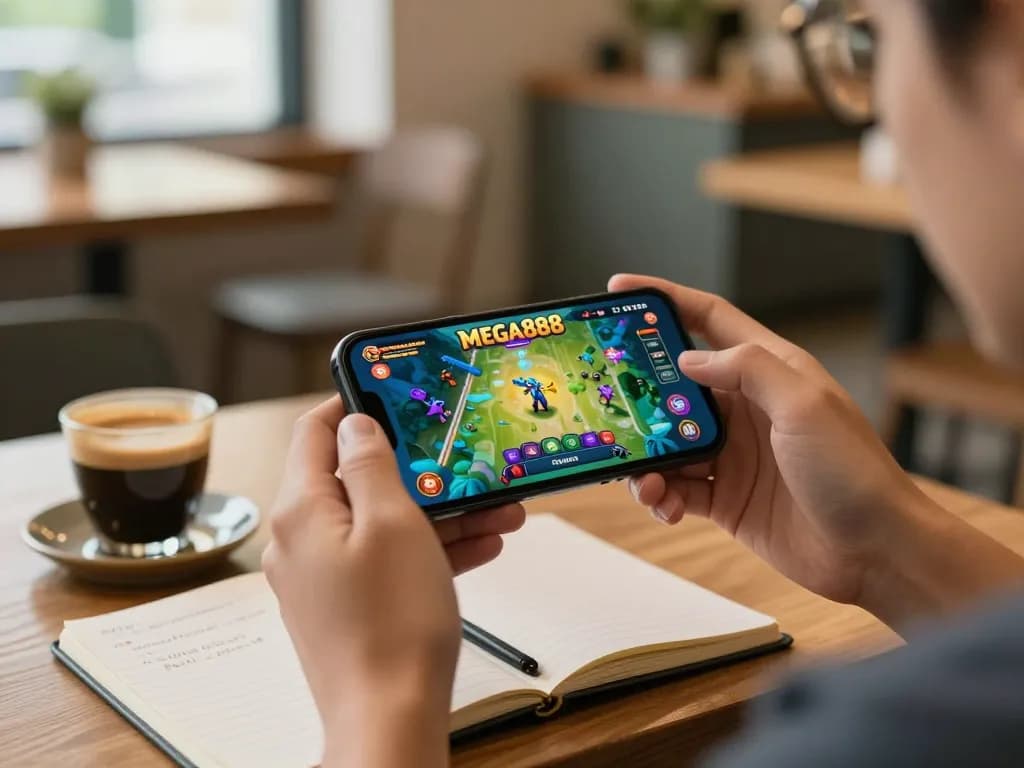 Player experiencing trusted mega888 agent gaming on mobile phone in a cozy cafe setting