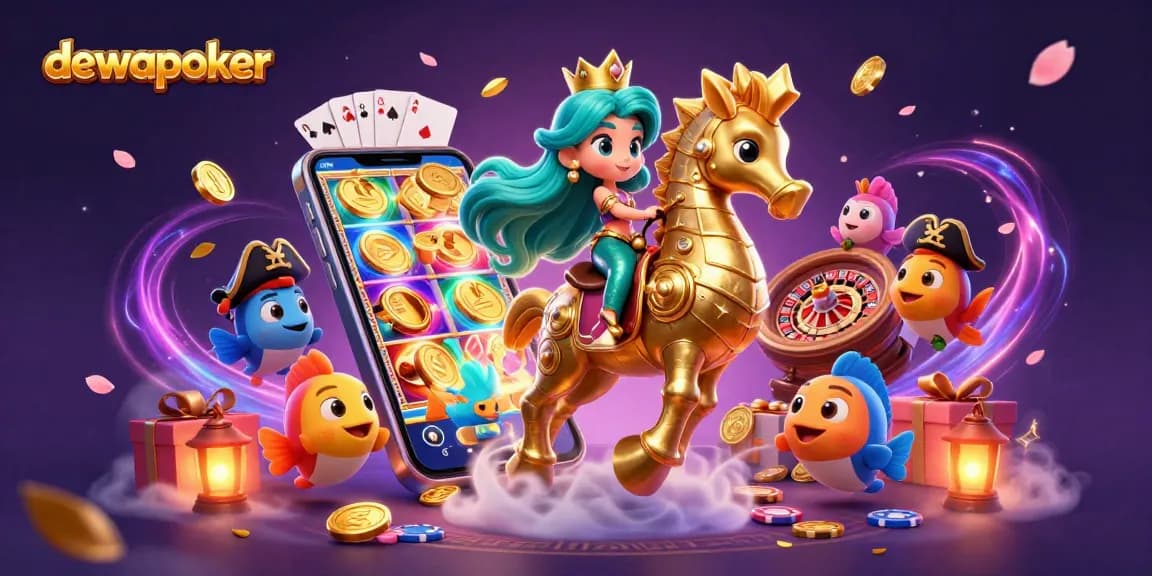 Dewapoker menawarkan pengalaman kasino yang menarik dengan putaran slot dan karakter kartun yang menakjubkan dalam ilustrasi dunia berwarna-warni.
