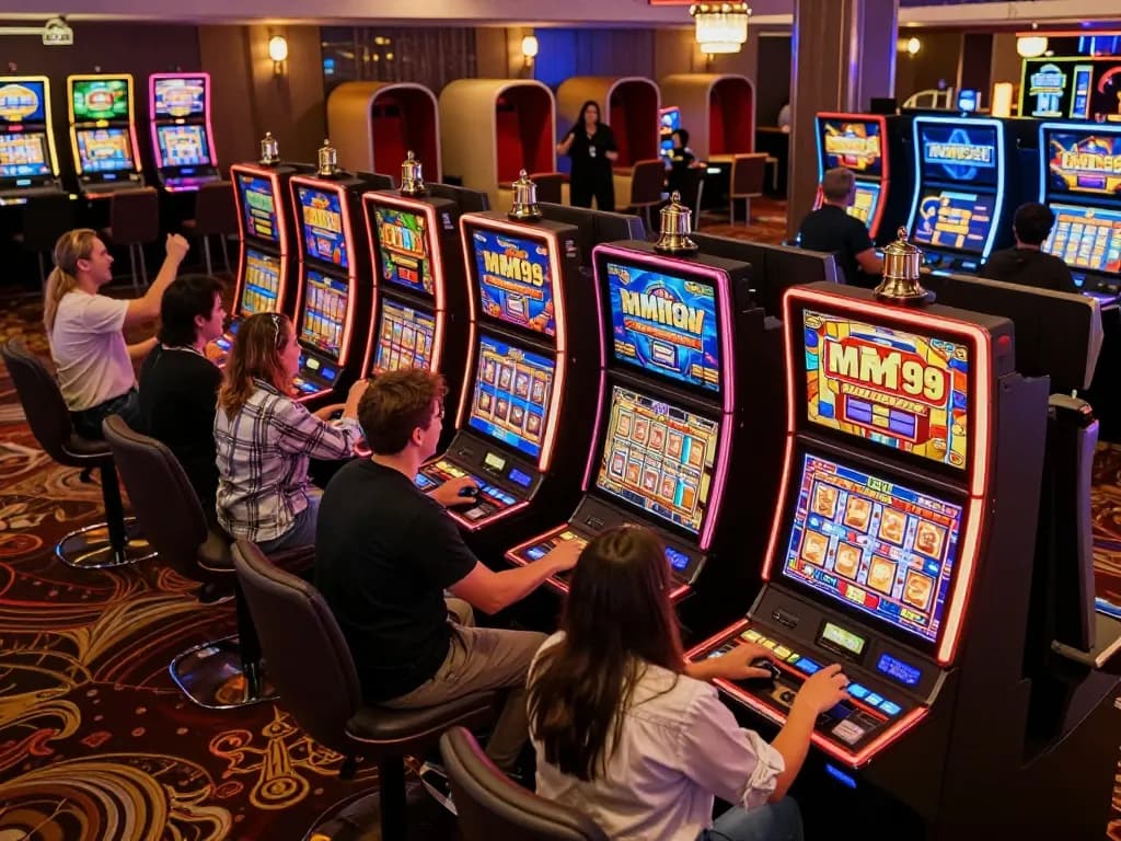Excitement at MM99 Slot machines with players celebrating wins in a vibrant casino atmosphere.