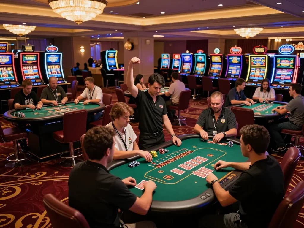 Players celebrating wins and strategizing gameplay at 11-hd casino floor, showcasing dynamic gaming atmosphere