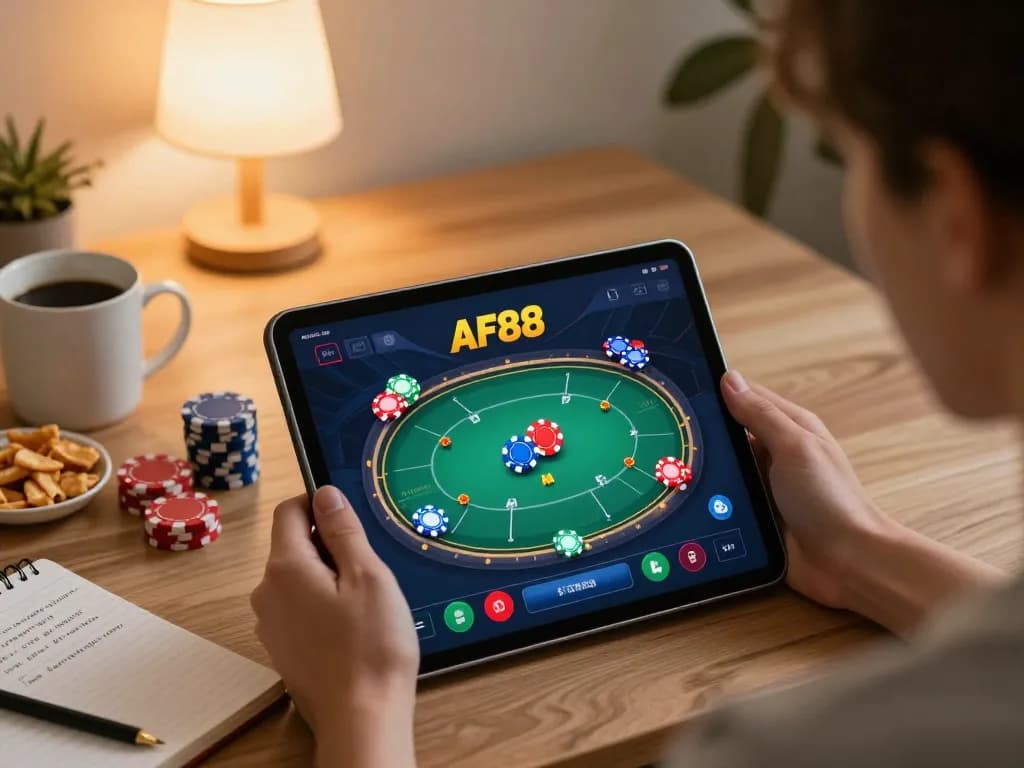 Person engaging with AF88 app on tablet for online poker, showcasing cozy home gaming atmosphere