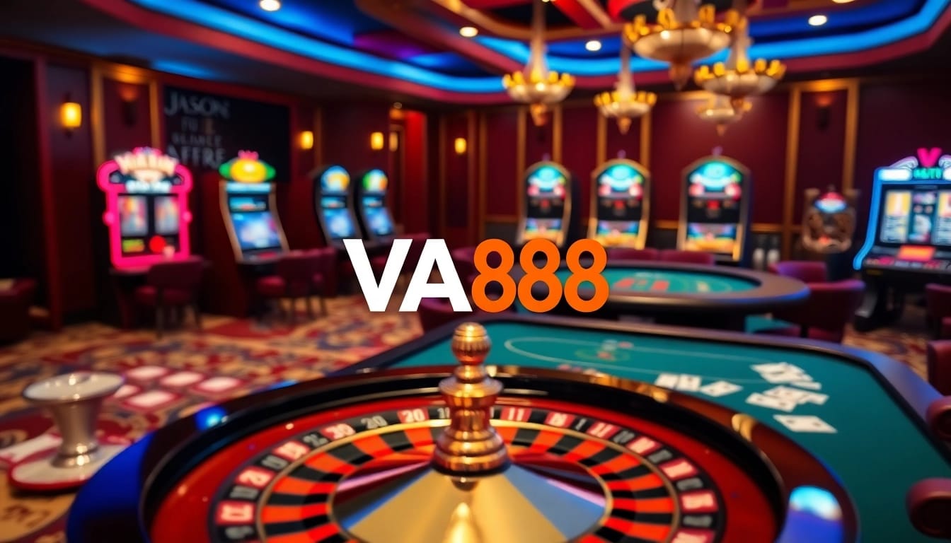 Experience the excitement of VA88 with a luxurious casino scene featuring roulette and poker elements.