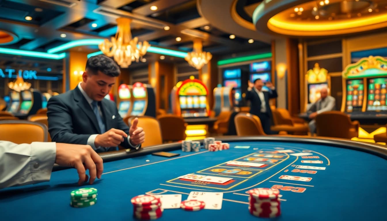 Experience the excitement of game bài đổi thưởng at an elegant casino table with poker chips.