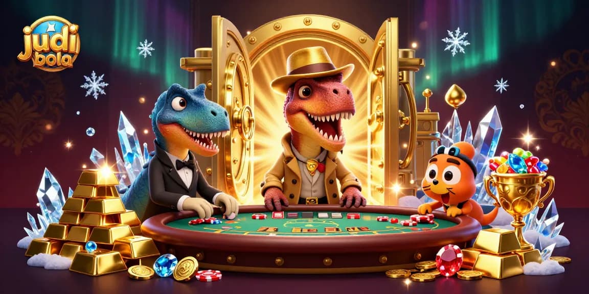 Engage in judi bola action with a clever velociraptor card counter at a bustling casino table.