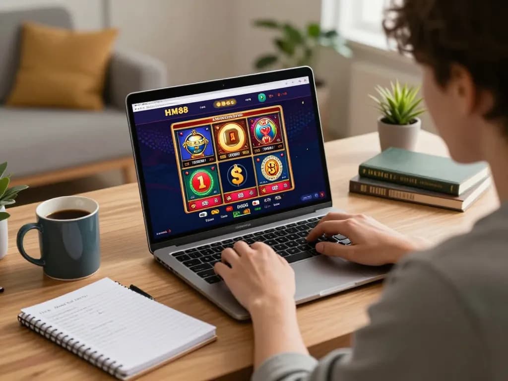 Engaging with the HM88 online casino interface on a laptop, showcasing strategic gameplay in a cozy home setting.
