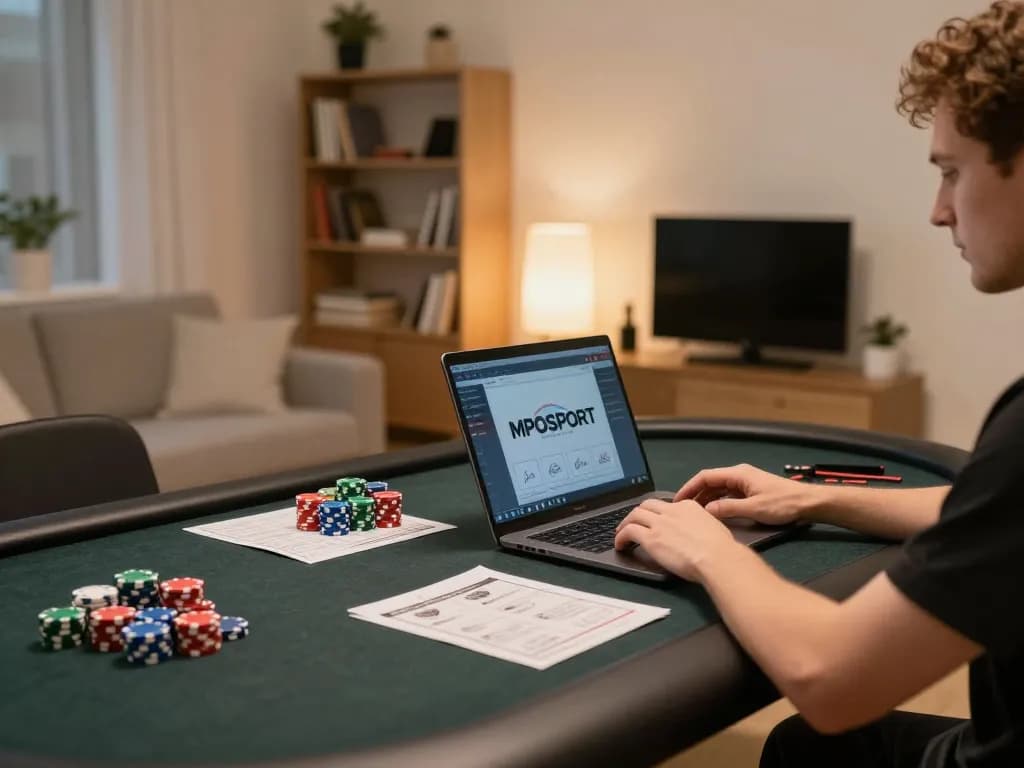 Player engages in strategic online gaming on MPOSPORT from a cozy home setup, highlighting responsible gambling.