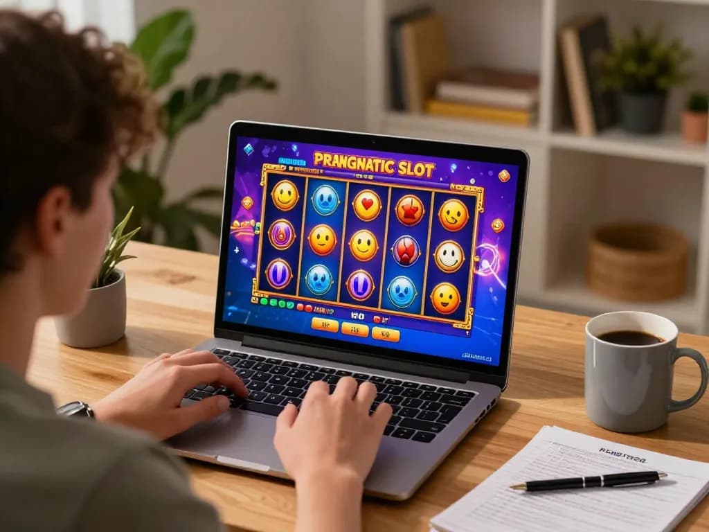 Playing Pragmatic Slot online at home with vibrant reels and cozy atmosphere