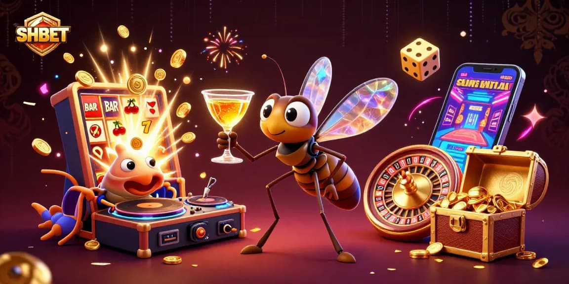 Join the excitement at SHBET with vibrant casino scenes featuring lively characters and games.
