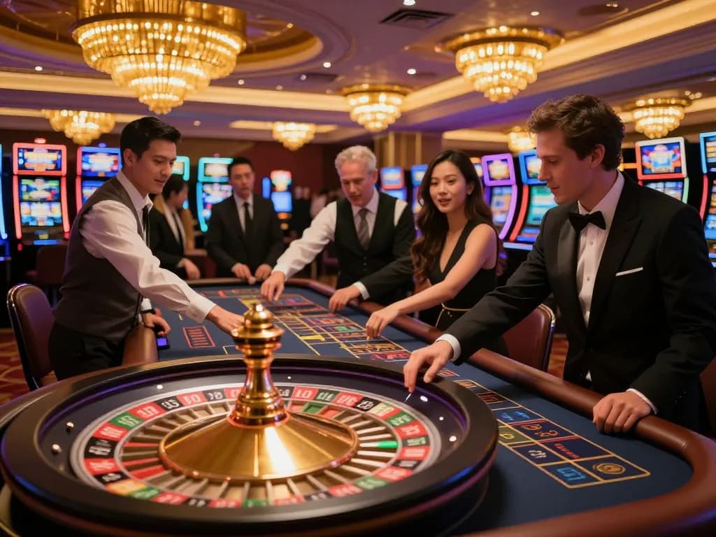 Excited gamblers placing bets at the roulette table at 98winlive casino, showcasing dynamic gameplay.