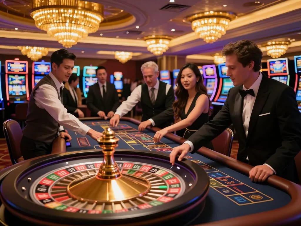 Excited gamblers placing bets at the roulette table at 98winlive casino, showcasing dynamic gameplay.