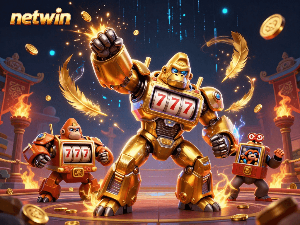 Engage with exciting netwin gaming through a dynamic 3D illustration of a golden gorilla mech.