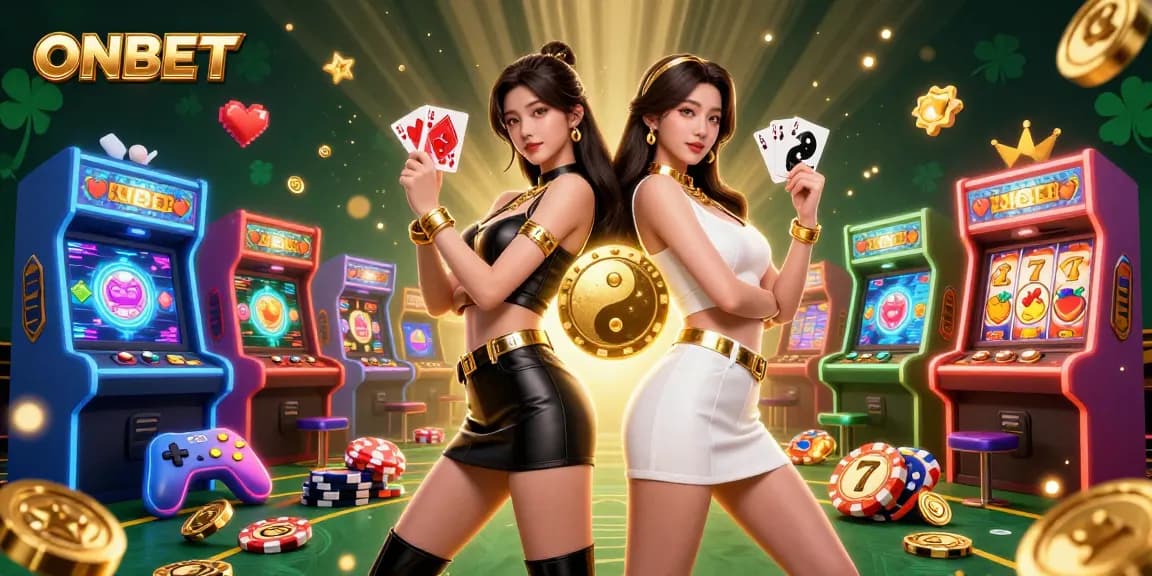 Engage with ONBET's gaming ecosystem featuring twin Asian women showcasing cards amid casino elements.