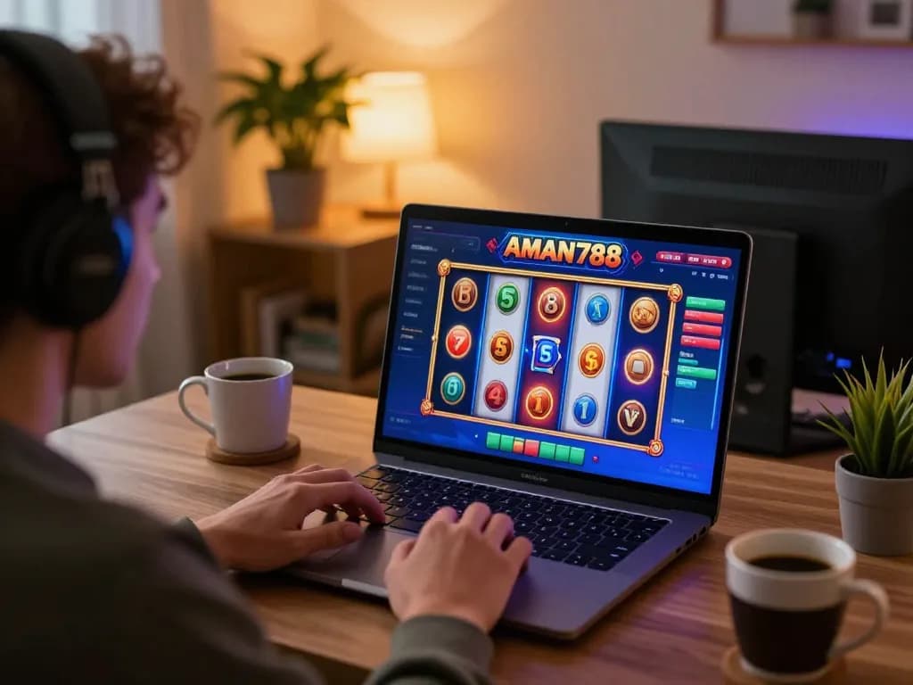 Pemain yang terlibat dalam permainan slot AMAN788 secara online, menampilkan grafik berwarna-warni dan gulungan kemenangan dalam lingkungan yang nyaman.