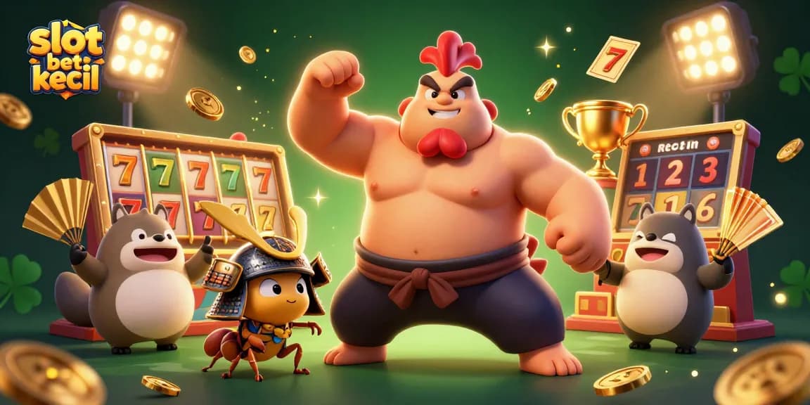 Experience thrilling gameplay with slot bet kecil featuring vibrant characters, slot reels, and golden coins.