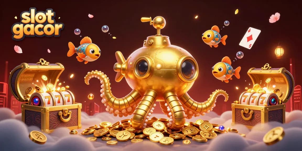 Experience the excitement of slot gacor with a golden kraken submarine surfacing among riches in this dynamic 3D illustration.