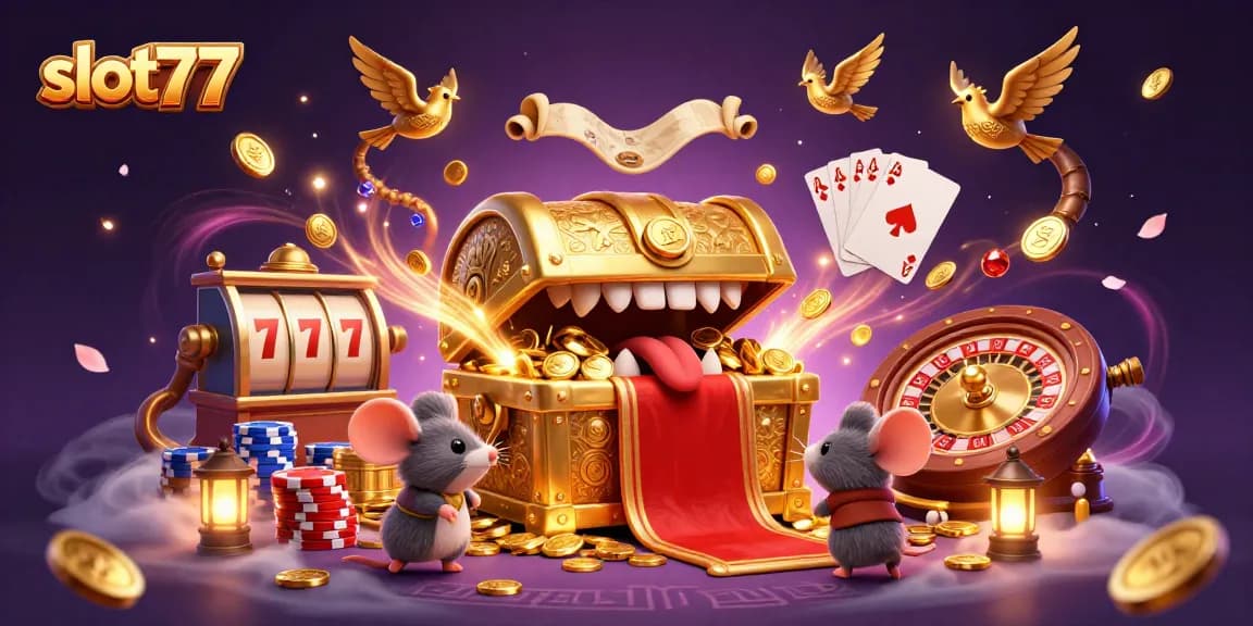 Spin slot77 reels and chase jackpots as golden treasures lure adventurer mice in this vibrant casino scene.