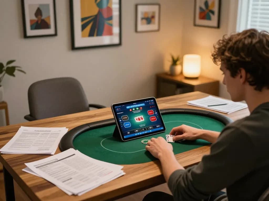 Player engaging in online poker via 123bmvp app in a cozy home office.