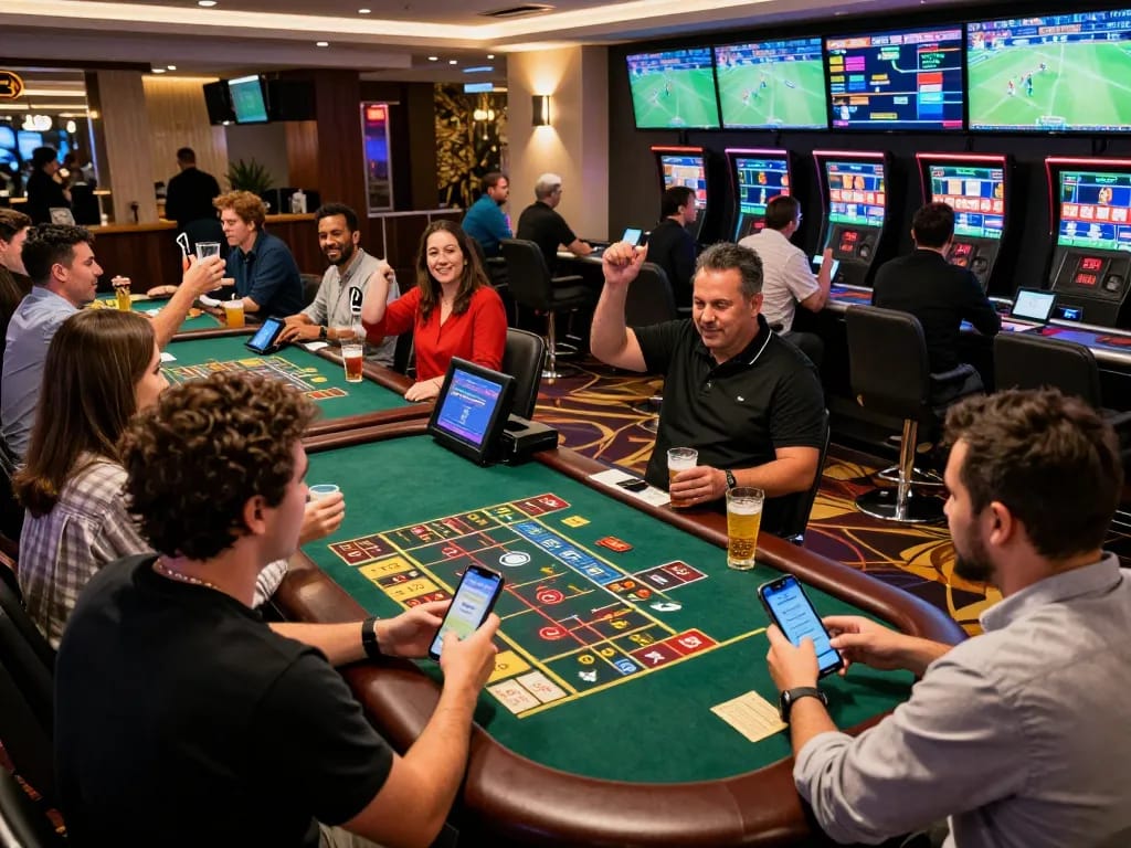 Engaged players at bem88 placing bets on sports in a modern casino environment.