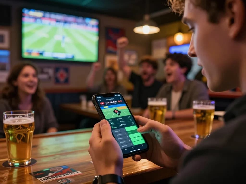 Terlibat dalam taruhan olahraga langsung di smartphone sambil dikelilingi teman-teman di suasana olahraga yang hidup di Planet77.