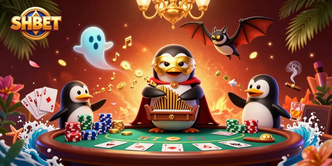 Experience the thrill of betting at SHBET with dramatic 3D casino art featuring a penguin organist and poker elements.