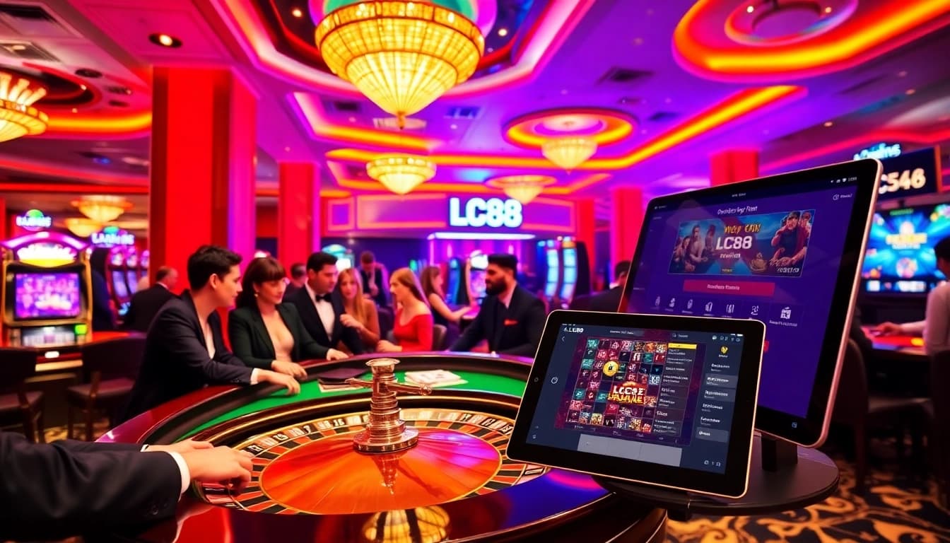 Experience high-stakes excitement at LC88's vibrant casino gaming floor with roulette and slots.