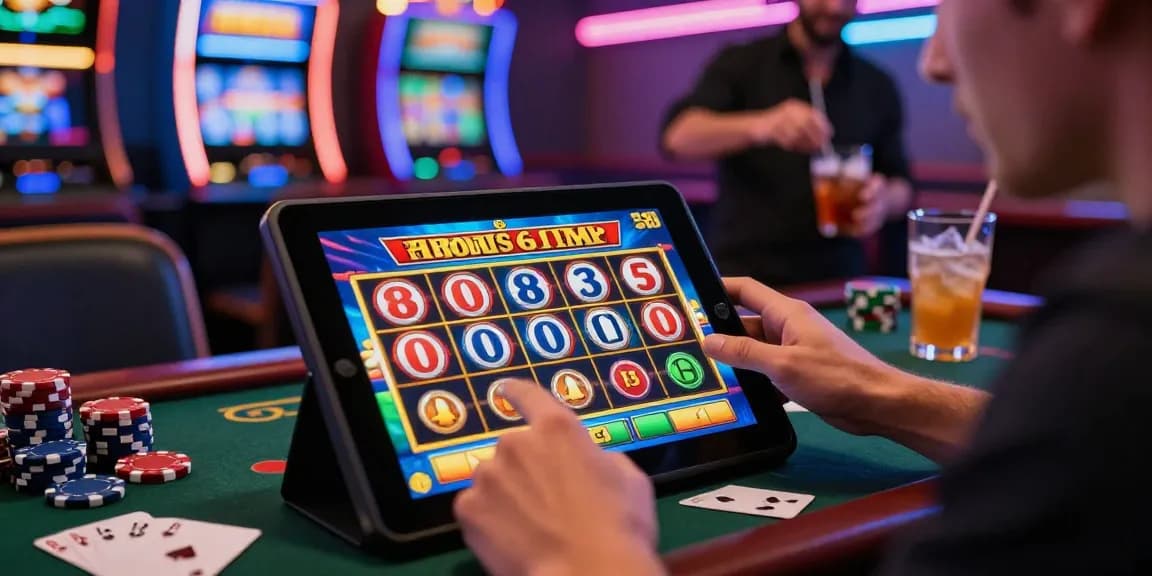 Engaged player exploring bonus buy slots on tablet amidst vibrant casino decor.