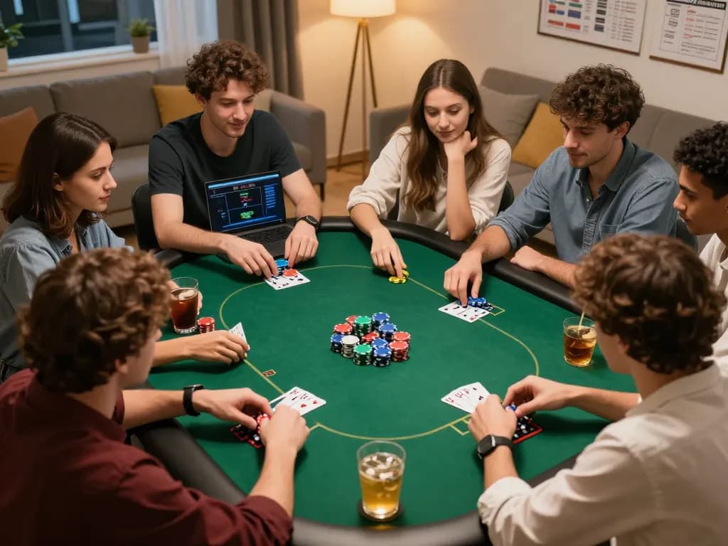 Engaging group of friends playing poker on 9bet, with colorful chips and warm lighting.