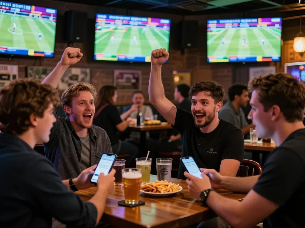 Jilipinas patrons engaged in sports betting excitement, celebrating wins in a lively bar setting.