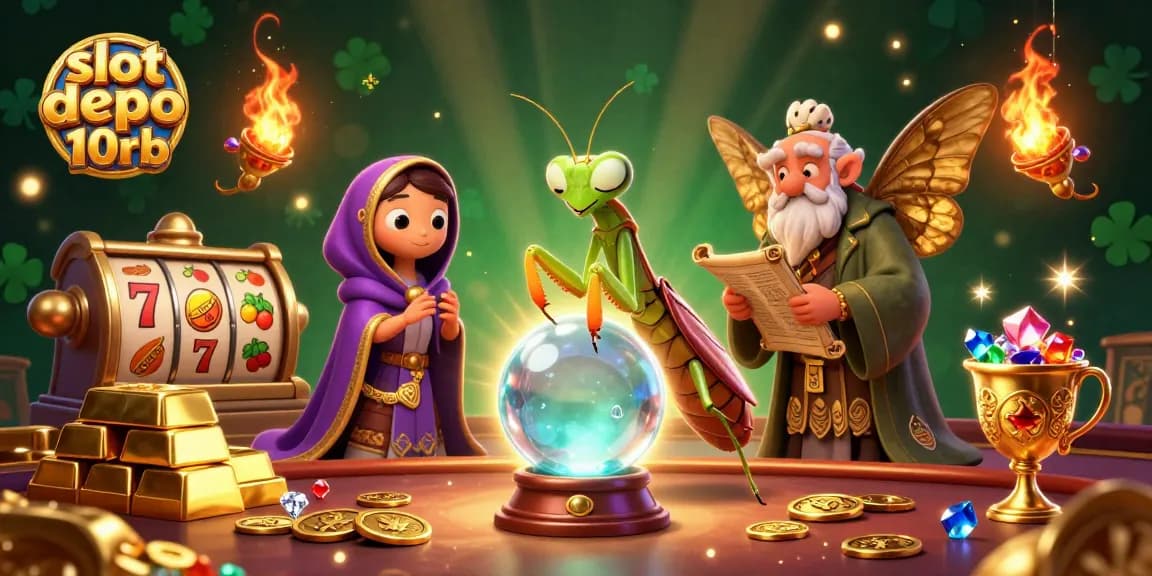 Win big at slot depo 10rb with vibrant casino illustration featuring dynamic characters and rich game elements.