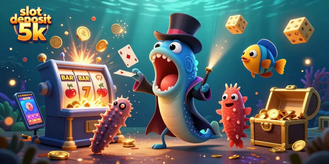 Engage in thrilling action with visual elements celebrating slot deposit 5k and entertaining deep-sea characters.