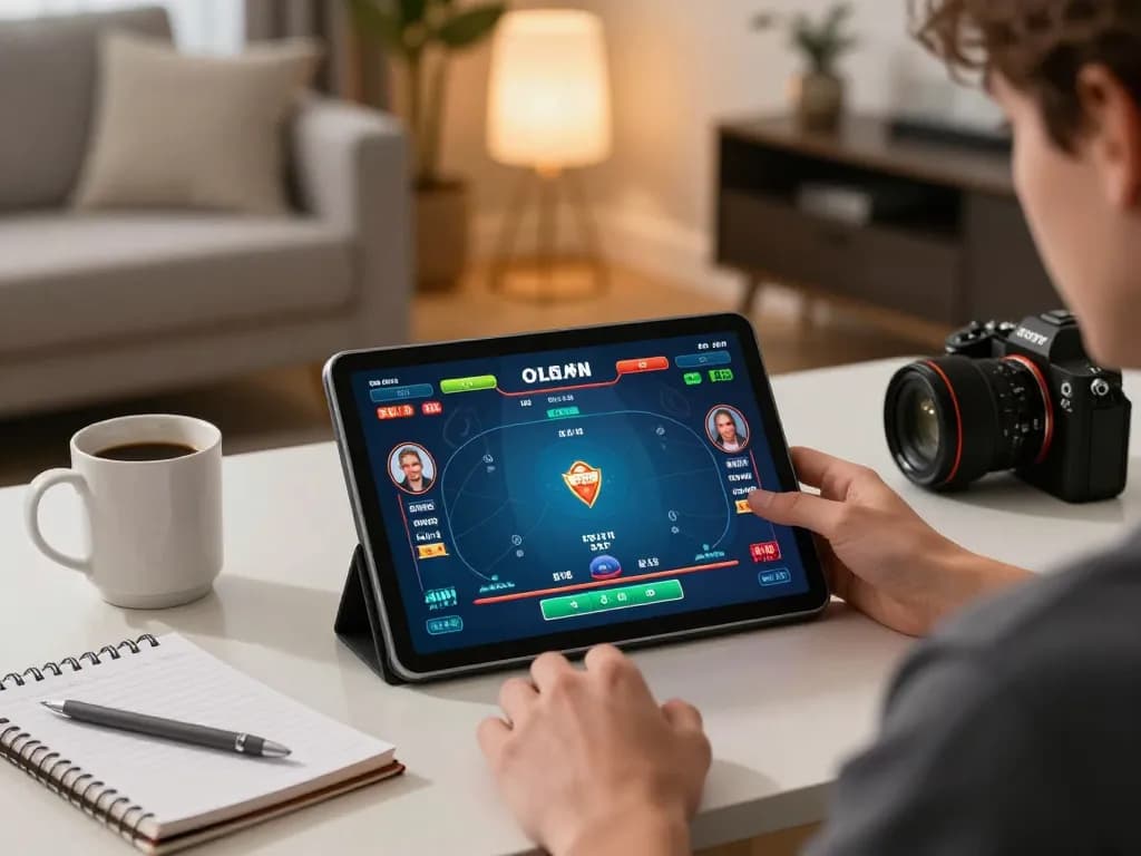 Player engaging in online gambling at home using ho88, showcasing poker gameplay on tablet.