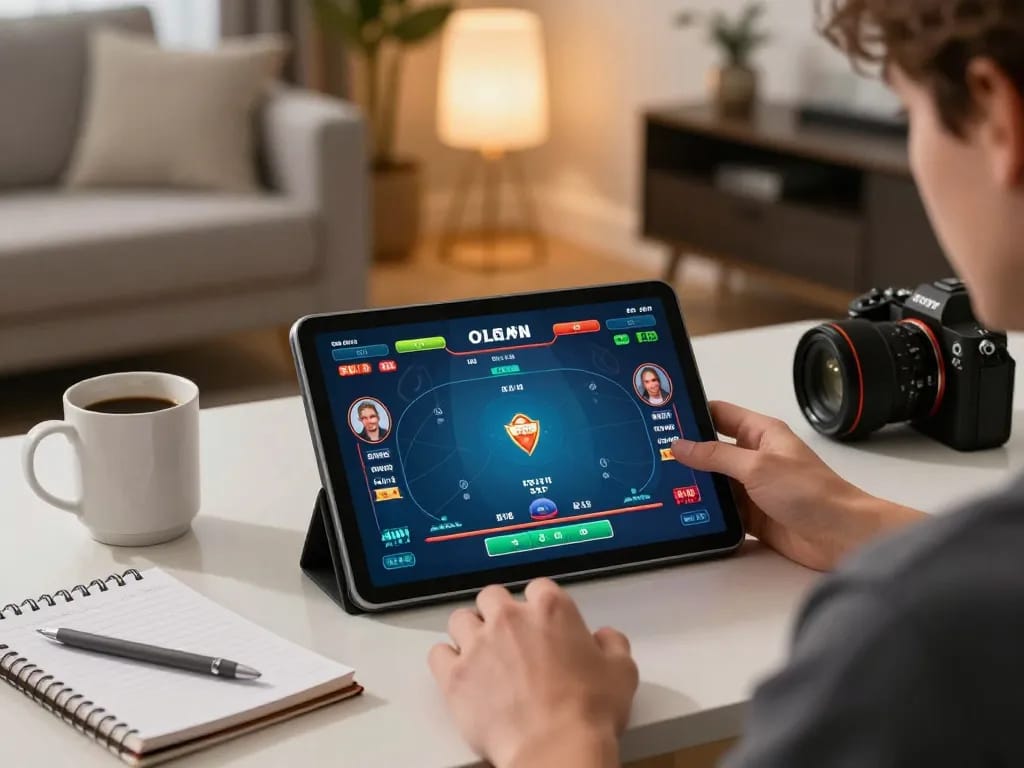 Player engaging in online gambling at home using ho88, showcasing poker gameplay on tablet.