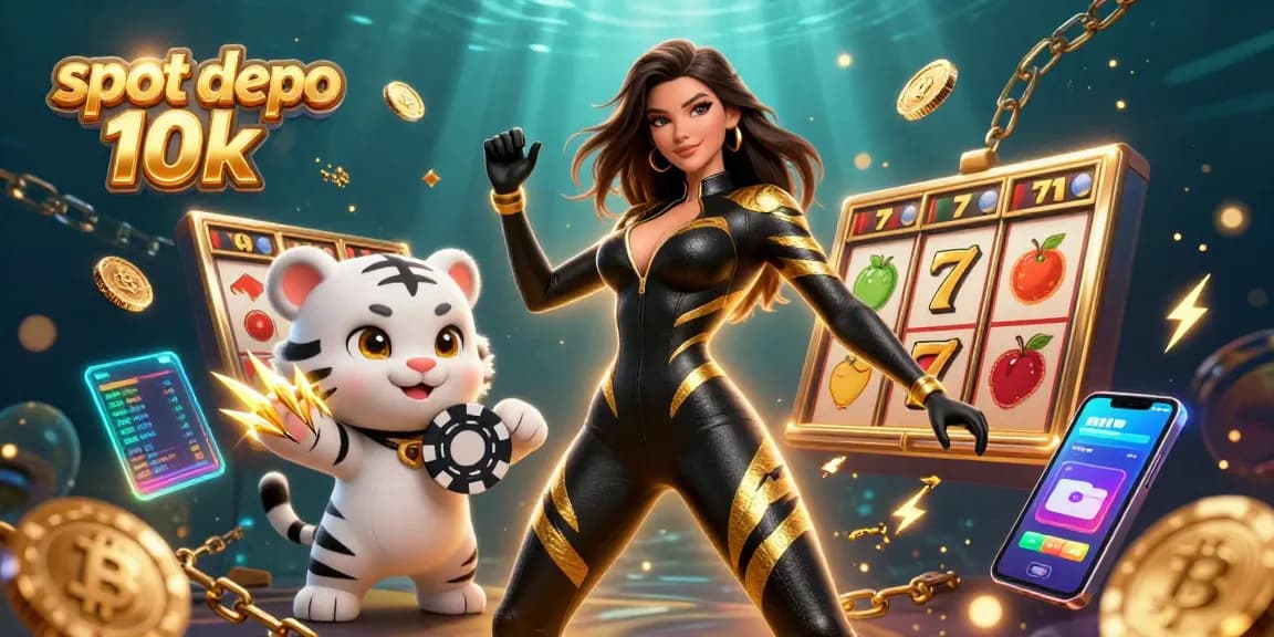 Experience the excitement of slot depo 10k with a vivid scene featuring a woman in a black catsuit and playful tiger.
