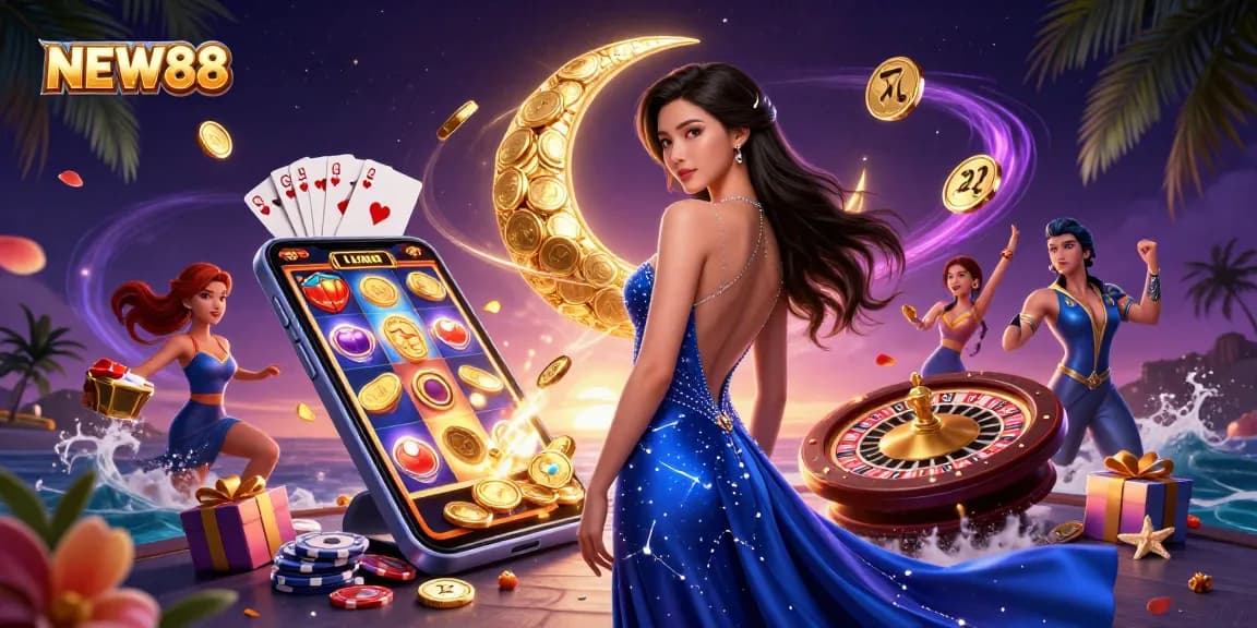 Experience the excitement of NEW88's casino games and rewards in a vibrant 3D illustration.