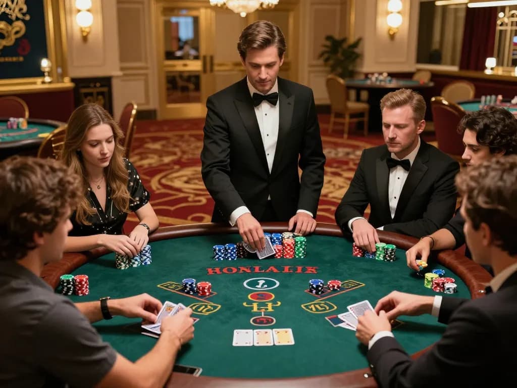 Players engage in high-stakes blackjack at a du88 casino table, showcasing thrilling card action.