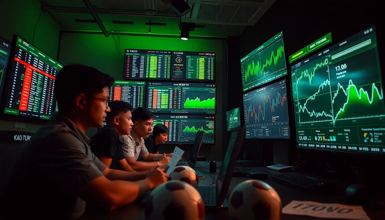 Kèo nhà cái sports betting excitement with live odds and enthusiastic participants analyzing data.