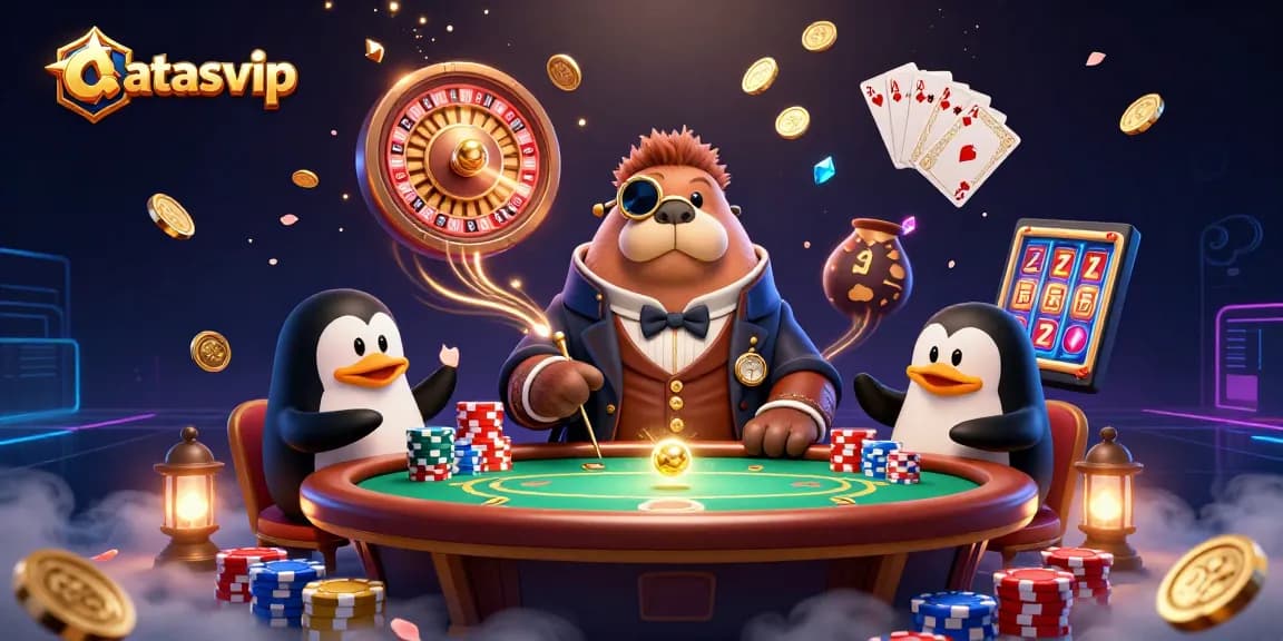 Engage with atasvip and enjoy an electrifying underwater casino scene featuring a walrus, penguin dealer, and a bluffing pufferfish.