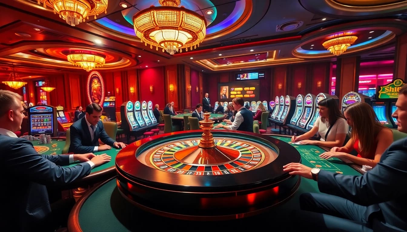 Experience the excitement of shbet's casino with players engaged at roulette and blackjack tables.