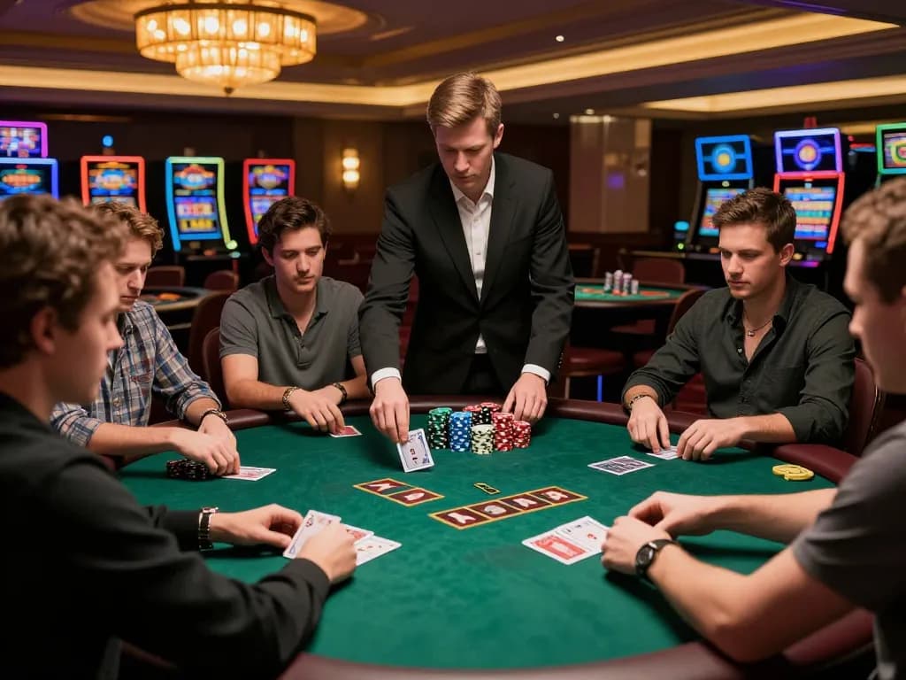 Players enjoying a thrilling poker game at BK8 casino with sophisticated ambiance and strategic gameplay.